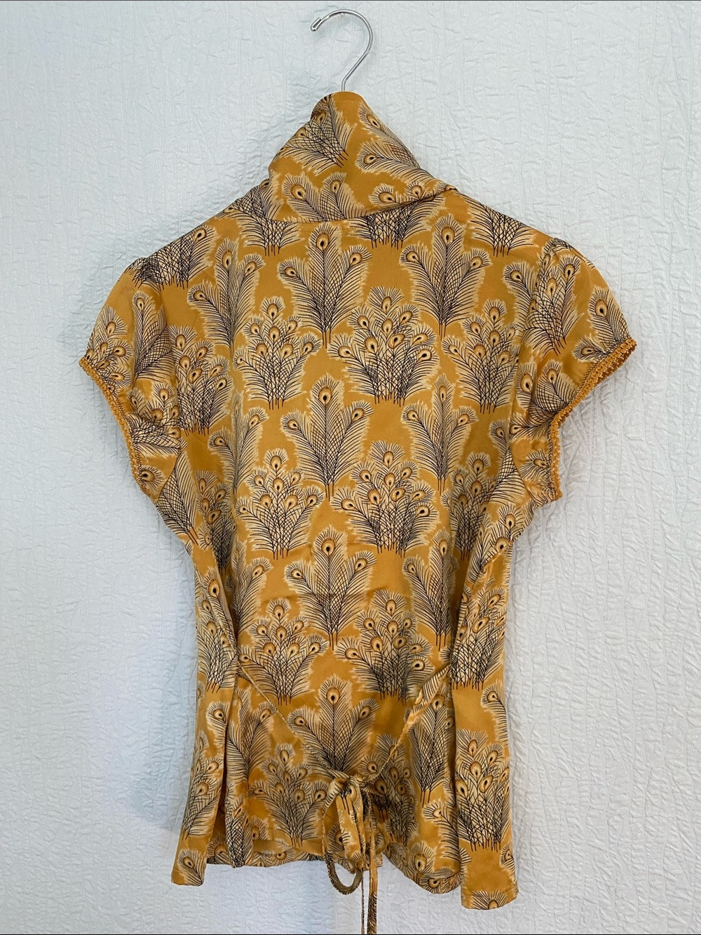 Free People Mustard Yellow Peacock-Print Tie-Neck Silk Blouse - Picture 5 of 13